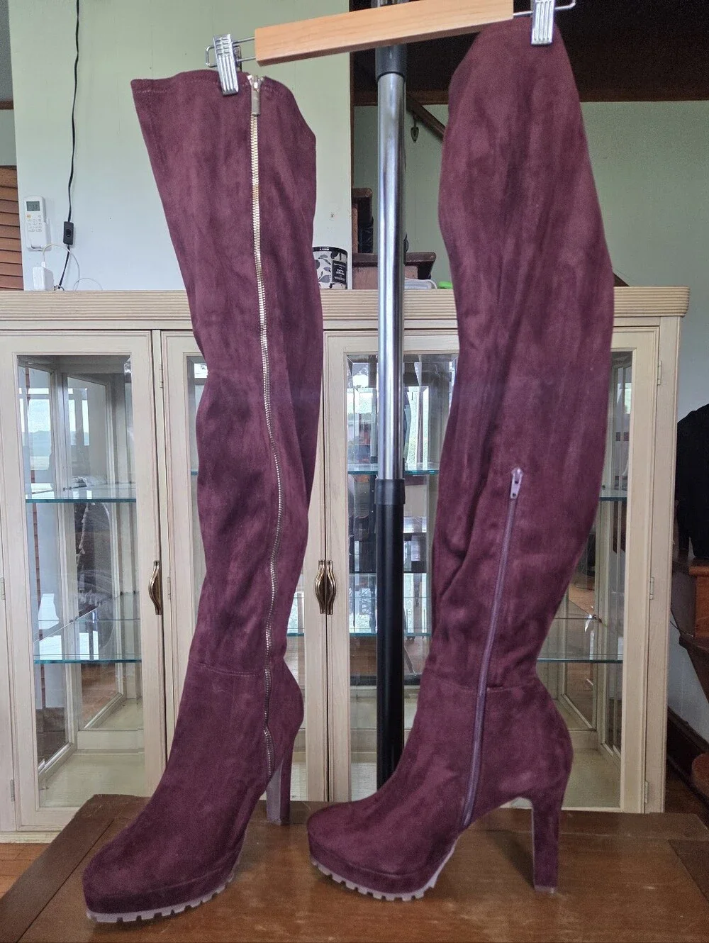 Oxblood Faux Suede Platform Heeled Over The Knee Boots